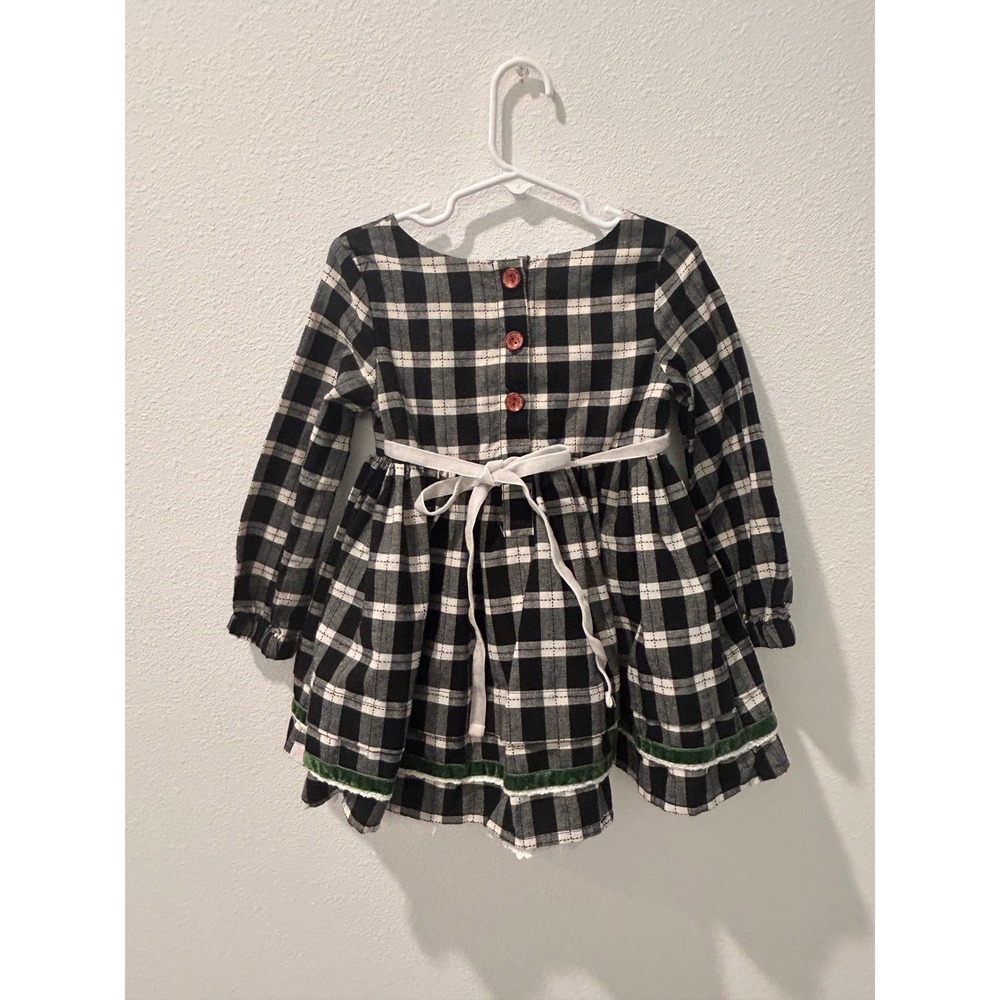 SweetHoney Girls Black White Plaid Dress Green Velvet Trim Lace 4T - Picture 7 of 8